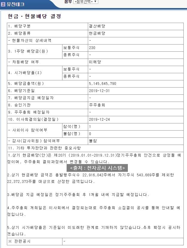  유진테크 배당공시