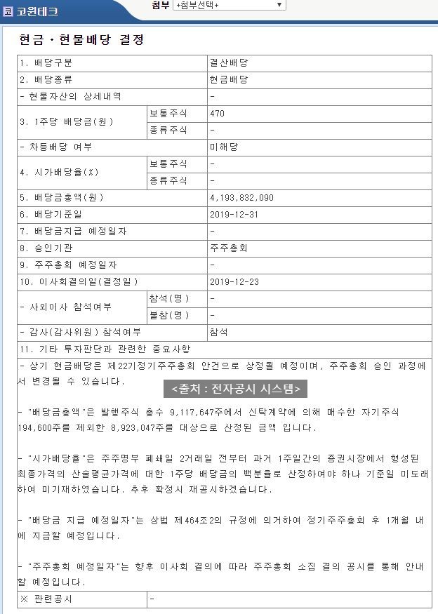  코윈테크 배당공시