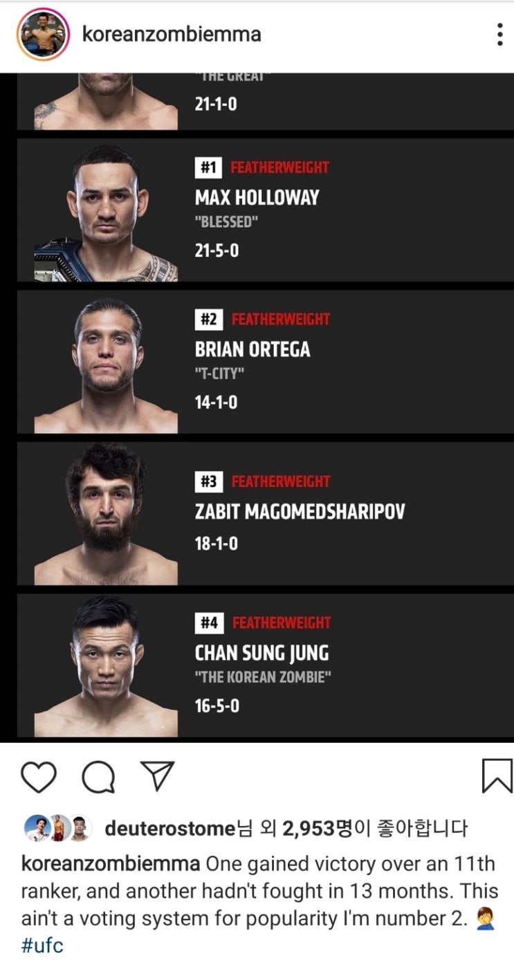 정찬성, UFC 4위 등극에 분노 폭발 "내가 2위" 정찬성, UFC 4위 등극에 분노 폭발 "내가 2위"