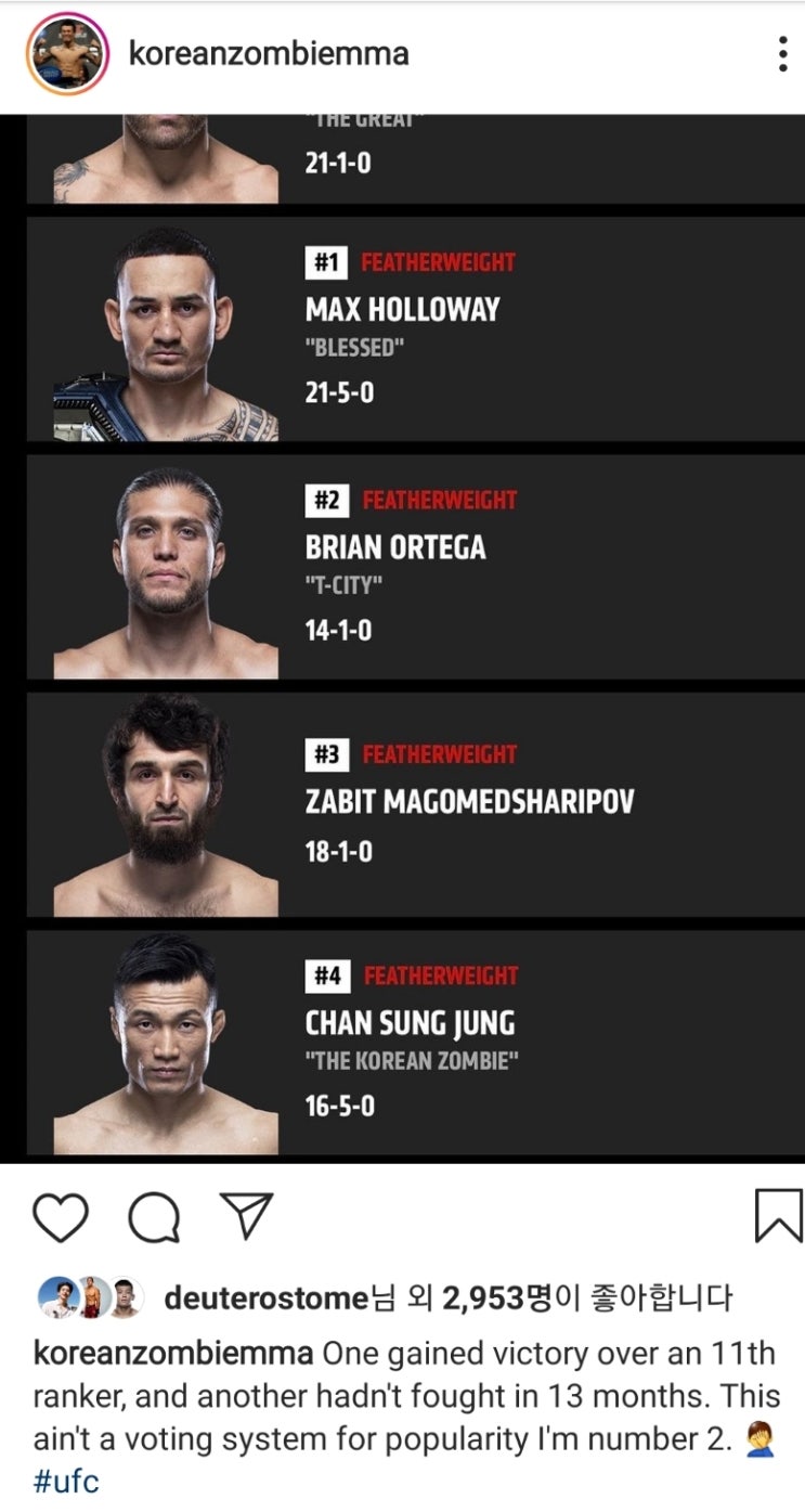 정찬성, UFC 4위 등극에 분노 폭발 "내가 2위"