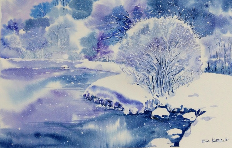 눈 내리는 풍경 그리기 - 설경, 수채화 번지기 기법으로 그린 겨울 호수!
