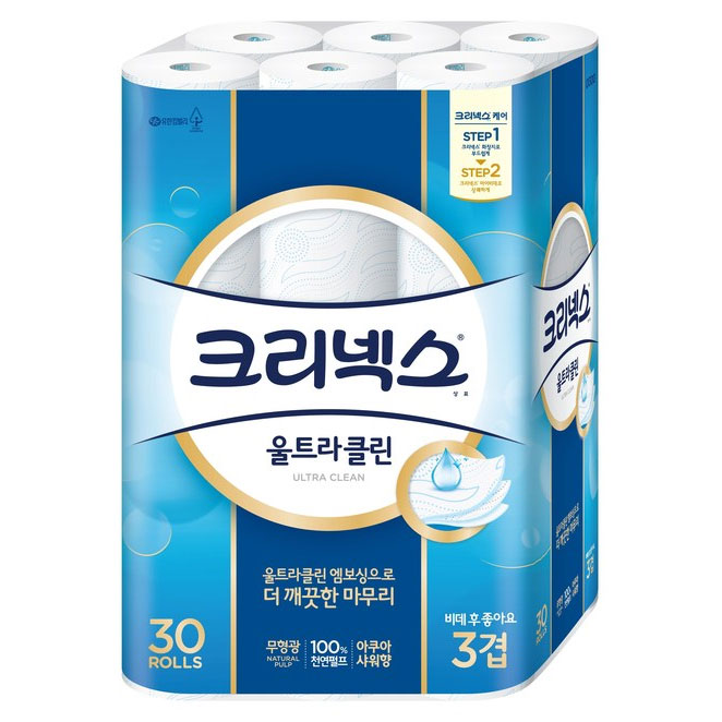   크리넥스 3겹 울트라 클린 롤화장지 천연펄프 27m 30롤 1팩 