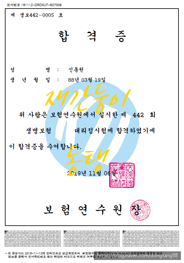 생명보험, 손해보험, 제3 보험, 변액 합격증