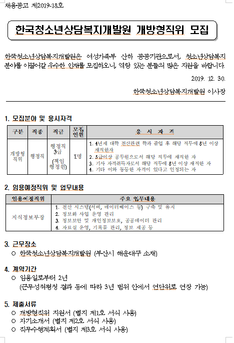  [채용][한국청소년상담복지개발원] 개방형직위(지식정보부장) 채용 공고 (채용공고 제2019-18호)