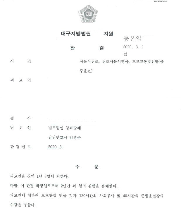 사문서위조와 행사 및 음주운전3회 집행유예 선고 사례