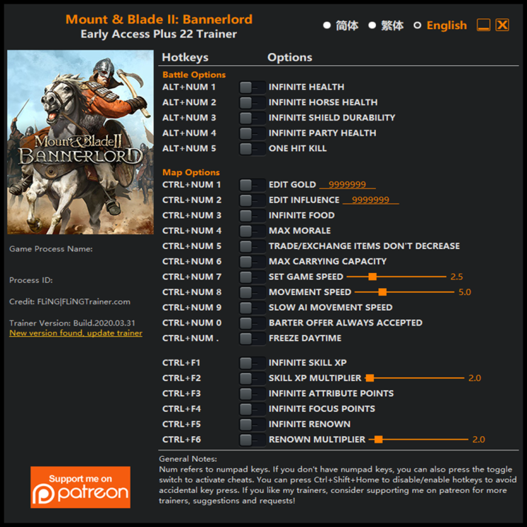  200401-마운트 앤 블레이드 2 배너로드 트레이너 (Mount and Blade II Bannerlord Trainer +22)3DM