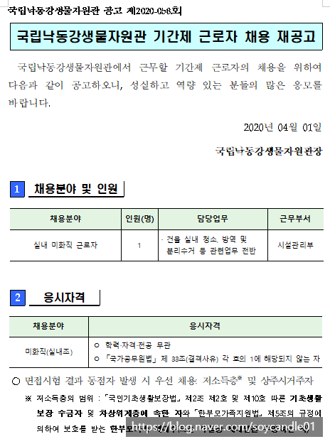  [채용][국립낙동강생물자원관] 기간제근로자(미화직) 채용 재공고