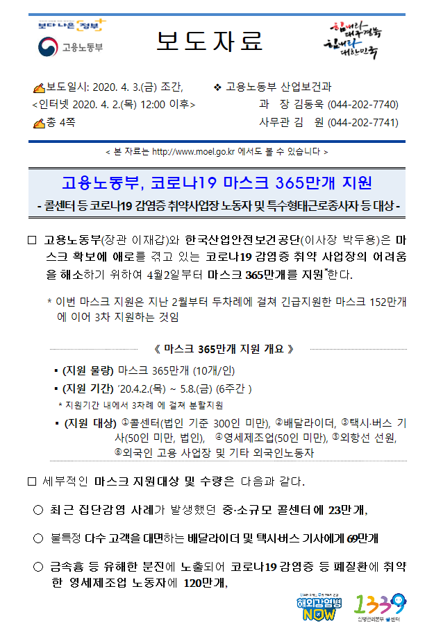  코로나 취약 사업장에 마스크를 지원해준다네요..(마스크지원)