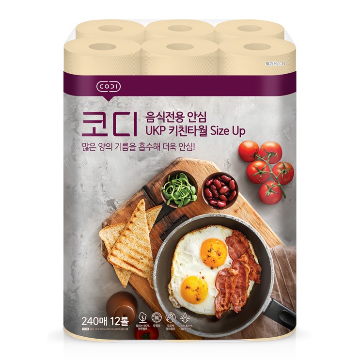 (로켓배송)코디 음식전용 안심 Size Up 키친타올 240매, 12롤, 1팩 가격정보