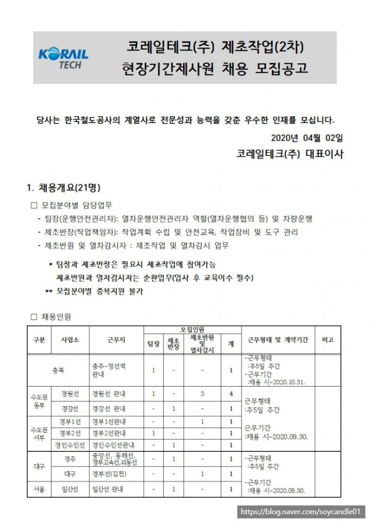  [채용][코레일테크(주)] 현장기간제 사원 채용모집 공고(제초작업)