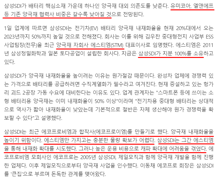  삼성SDI, 양극재 내재화율 50%로 높인다