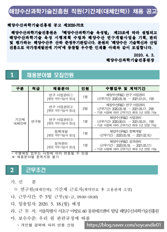 [채용][해양수산과학기술진흥원] 2020년도 제1차 직원(기간제(대체인력)) 연구원 채용 공고