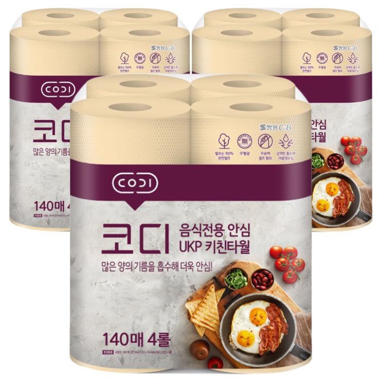 (로켓배송)코디 음식전용 안심 천연펄프 키친타월 140매, 4롤, 3개 가격정보