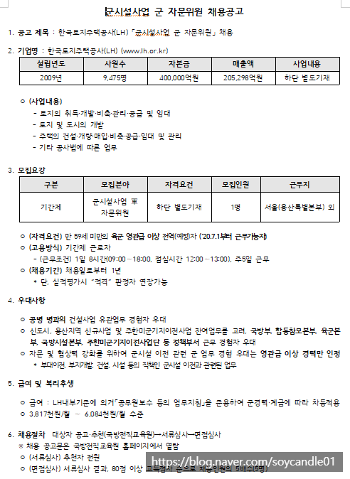 [채용][한국토지주택공사] LH 기간제근로자(군자문위원) 채용 공고