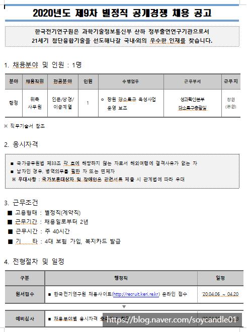  [채용][한국전기연구원] 2020년도 제9차 별정직 공개경쟁 채용 공고(성과확산본부  강소특구총괄실)