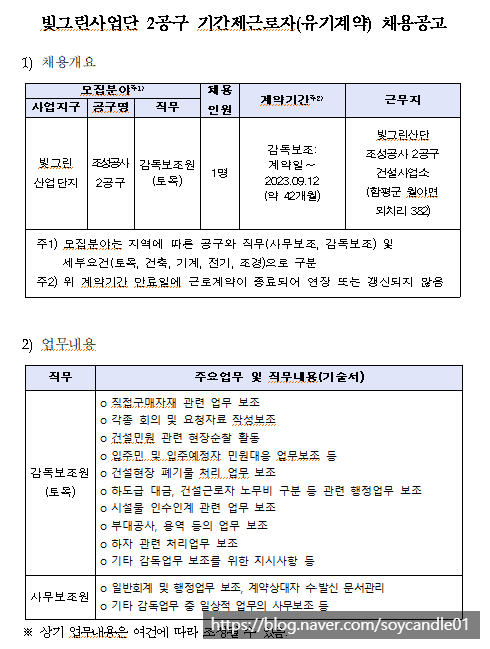  [채용][한국토지주택공사] 기간제근로자 채용공고(빛그린사업단 감독보조)
