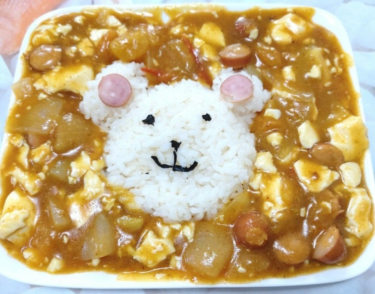  토마토카레 순두부넣어 곰돌이밥과 함께 먹는 탄단지음식