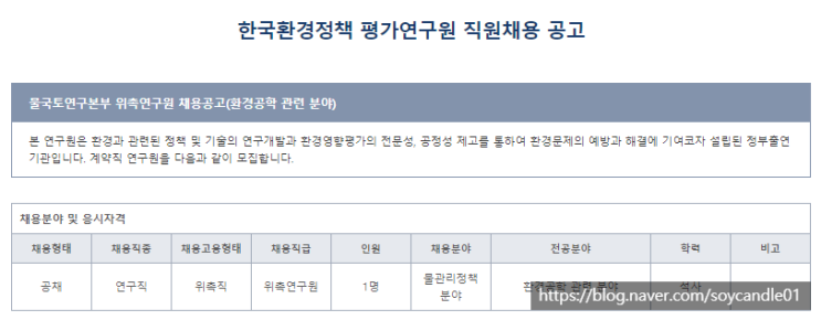  [채용][한국환경정책] 물국토연구본부 위촉연구원 채용공고(환경공학 관련 분야)