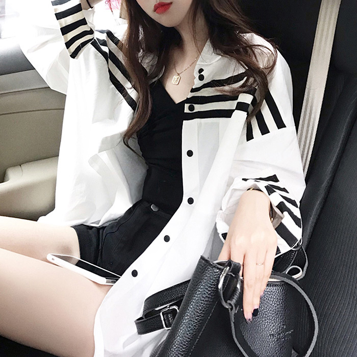  [ 리뷰 포함 ]   대박난박양 배색 라인 스트라이프 셔츠