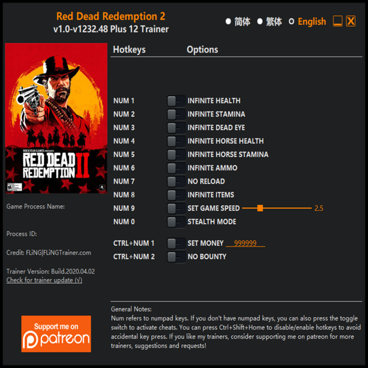  200403-레드 데드 리뎀션 2 트레이너 (Red Dead Redemption 2 Trainer v1.0-v1232.48 +12)3DM