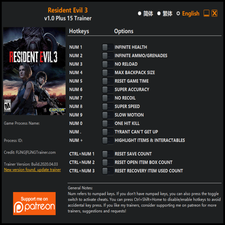  200403-바이오 하자드 RE 3 트레이너 (Resident Evil RE 3 Trainer v1.0 +15)3DM