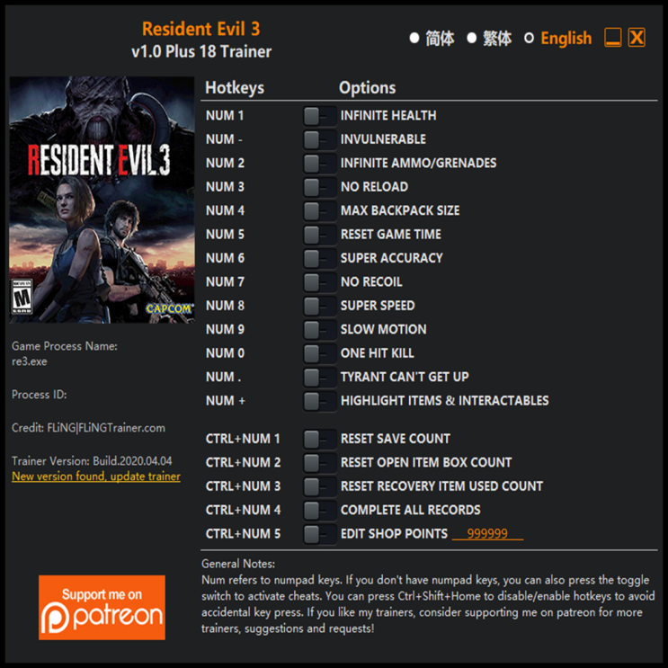  200405-바이오 하자드 RE 3 트레이너 (Resident Evil RE 3 Trainer v1.0 +18)3DM