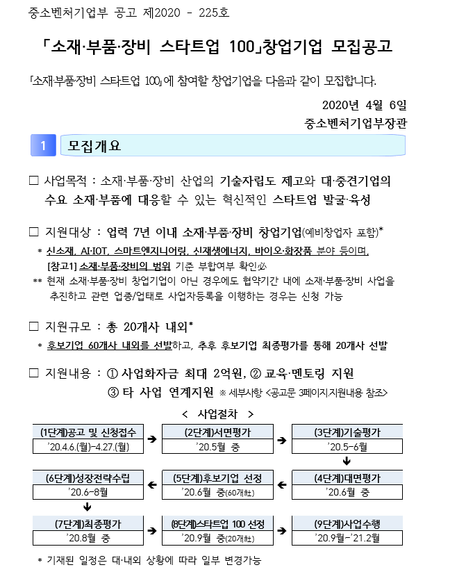  소재 부품 장비 창업기업을 지원해주는 사업공고 입니다.(예비창업자 포함)