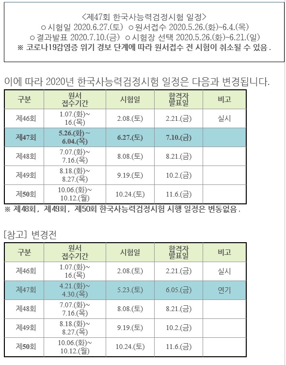  제47회 한국사능력검정시험 연기!