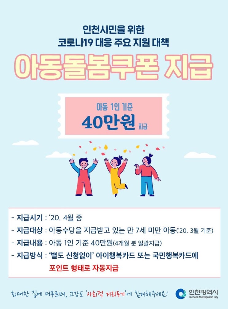  인천광역시 인천시 아동돌봄쿠폰 신청방법,지급 시기, 지급 기준,사용처,쿠폰유효기간은?코로나19 돌봄쿠폰