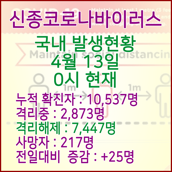  코로나19(코로나바이러스) 4월 13일 0시 국내 발병 10,537명 / 7,447명 완치 격리해제 / 사망자 217명