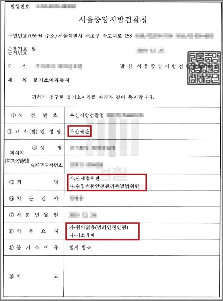  관세법 부정수입 - 혐의없음 실제사례