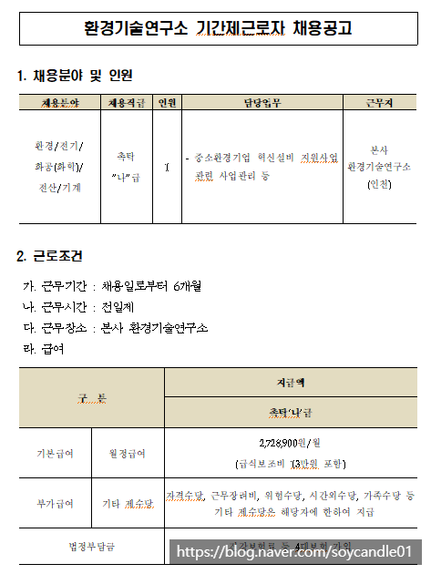 [채용][한국환경공단] 환경기술연구소 기간제 근로자(촉탁 나급)채용 공고