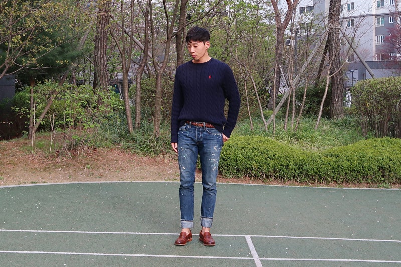 폴로 랄프로렌 Polo Ralph Lauren 네이비 케이블 니트, 청바지, 남자 페니 로퍼 코디 'Jour 235' : 네이버 블로그