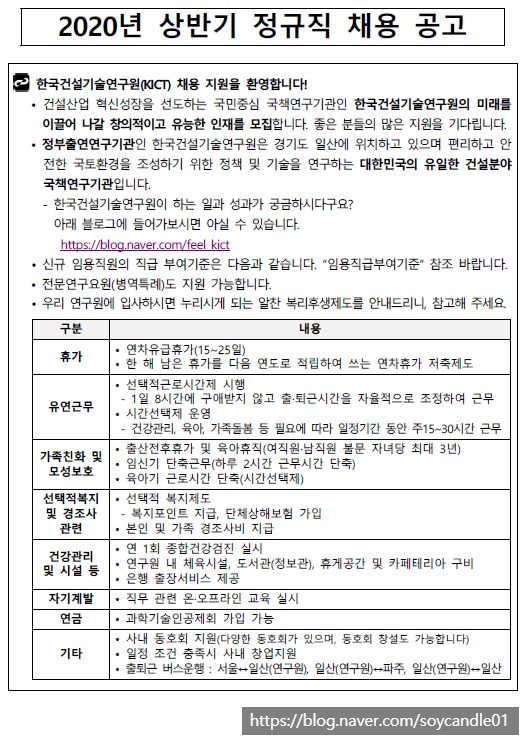 [채용][한국건설기술연구원] 2020년 상반기 정규직 채용 공고