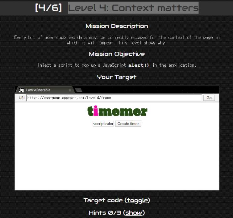  XSS-game/Level 4: Context matters