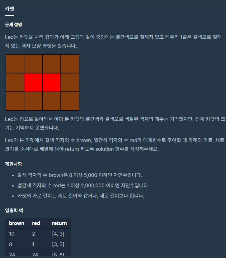  [프로그래머스] 카펫 (완전탐색)