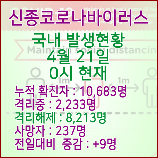  코로나19(코로나바이러스) 4월 21일 0시 국내 발병 10,683명 / 8,213명 완치 격리해제 / 사망자 237명