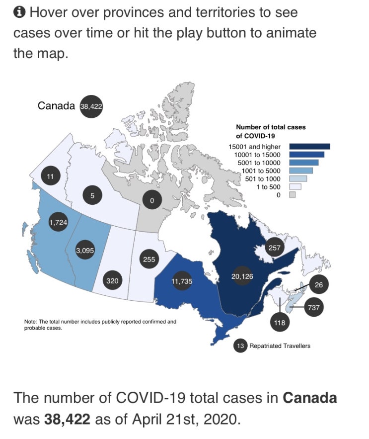 캐나다 코로나19 현재 상황 / 38000명을 넘어선 확진자수. 며칠내 40000명 확실시. 꺽이지 않는 그래프.