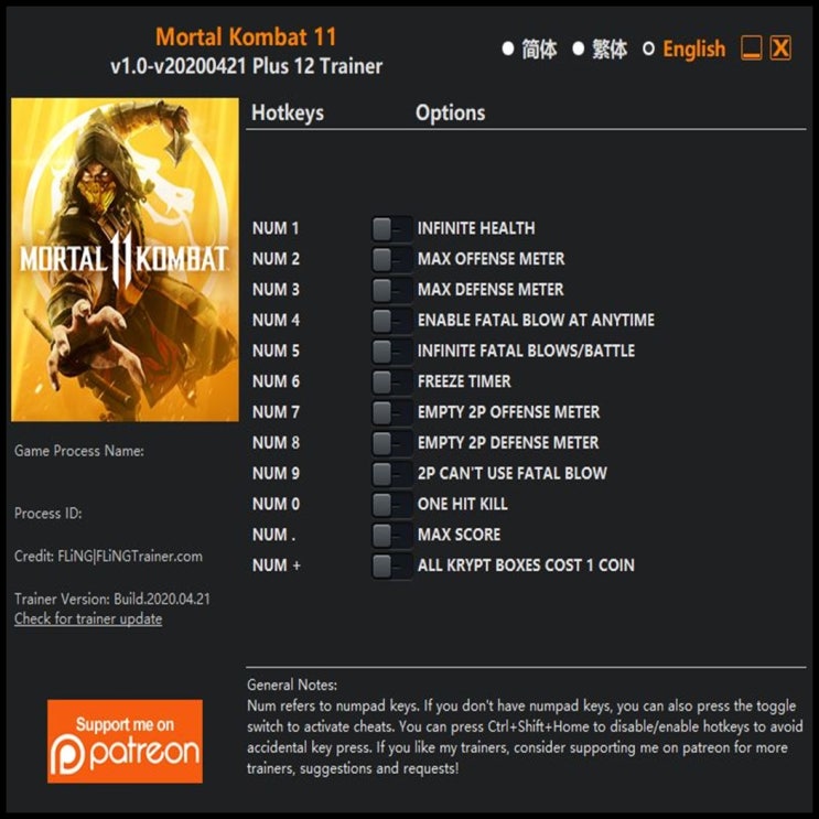  200422 모탈 컴뱃 11 트레이너 (Mortal Kombat 11 Trainer v1.0 +12)3DM