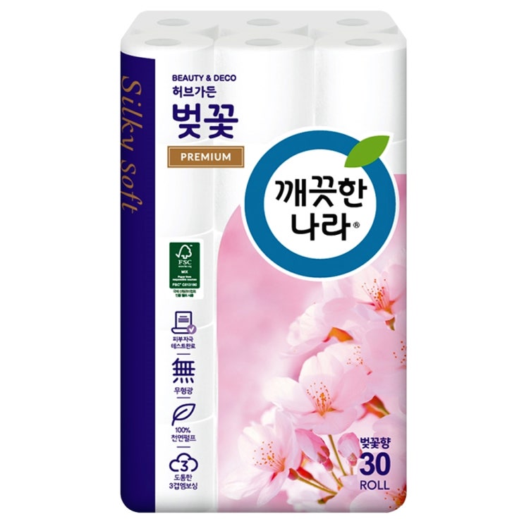  <최저가>깨끗한나라 허브가든 벚꽃 프리미엄 3겹 롤화장지 천연펄프 27m, 30롤, 1팩 꿀정보예요~