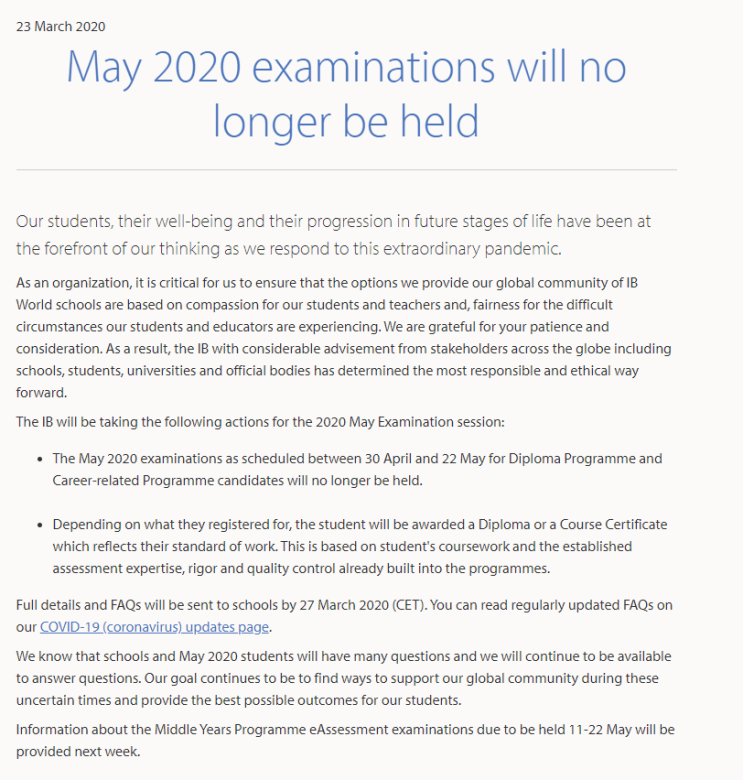  2020년도 IB 시험 (DP & CP) 일정 취소