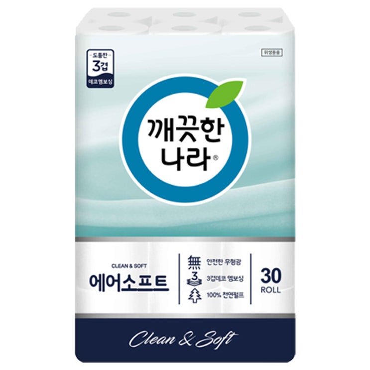  <꿀딜>깨끗한나라 3겹데코 에어소프트 천연펄프 롤화장지 30 m, 30롤, 1개 최저가 정보 공유