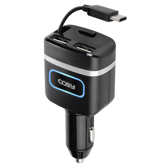 [ 리뷰 포함 ]   코시 QC3.0 USB 2포트 차량용 자동감김 급속 충전기 타입C, CGR3247AT, 블랙
