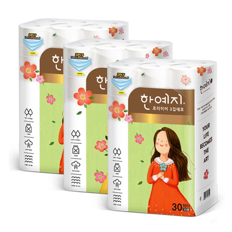  <핫딜><핫딜>가성비가 좋은 한예지 3겹 천연펄프 프리미어 화장지 30m, 30롤, 3팩 들여가세요~~