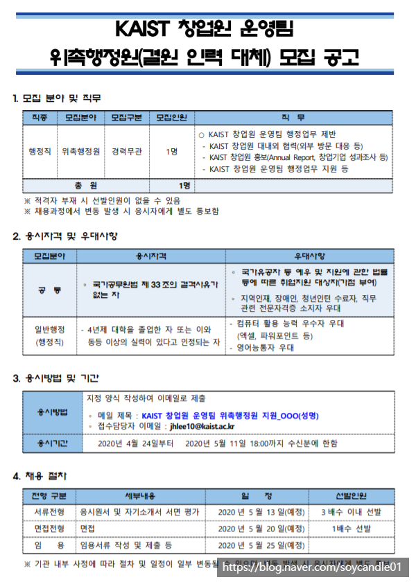  [채용][한국과학기술원] KAIST 창업원 운영팀 위촉행정원(결원 대체 인력) 모집 공고