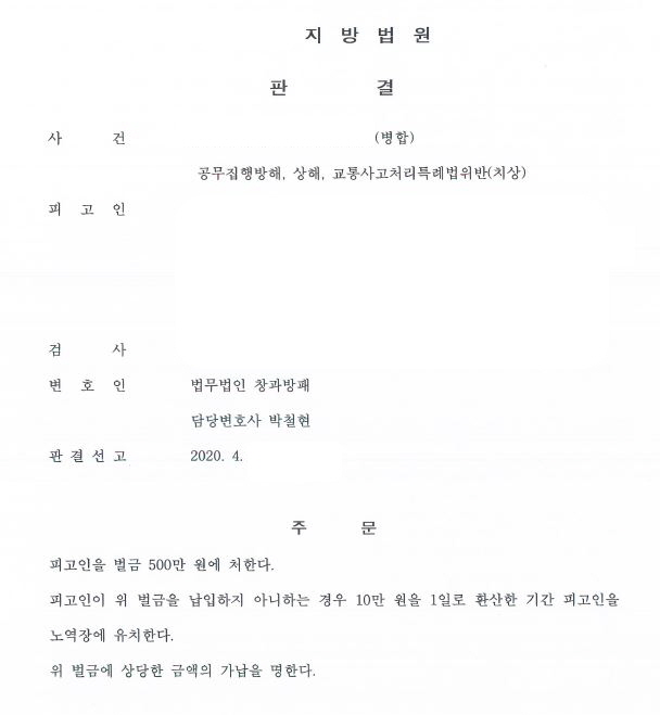  공무집행방해와 상해 및 교통사고처리특례법위반(치상) 벌금형 선고 사례입니다