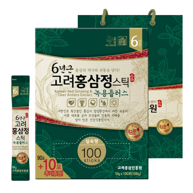  [품절예상][가성비굿]고려홍삼진흥원 6년근홍삼정 녹용플러스 스틱 타워형 + 쇼핑백, 10g, 100개 제품을 놓치지 마세요~~