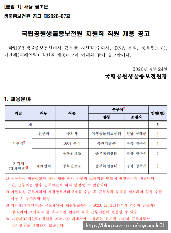  [채용][국립공원공단] [보전원]국립공원생물종보전원 직원 채용 공고