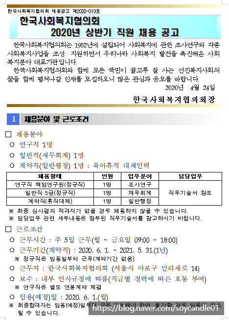 [채용][한국사회복지협의회] 2020년 상반기 직원 채용 공고
