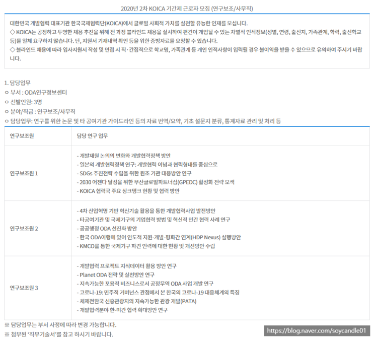 [채용][한국국제협력단] 2020년 2차 KOICA 기간제근로자 채용 (연구보조/사무직)